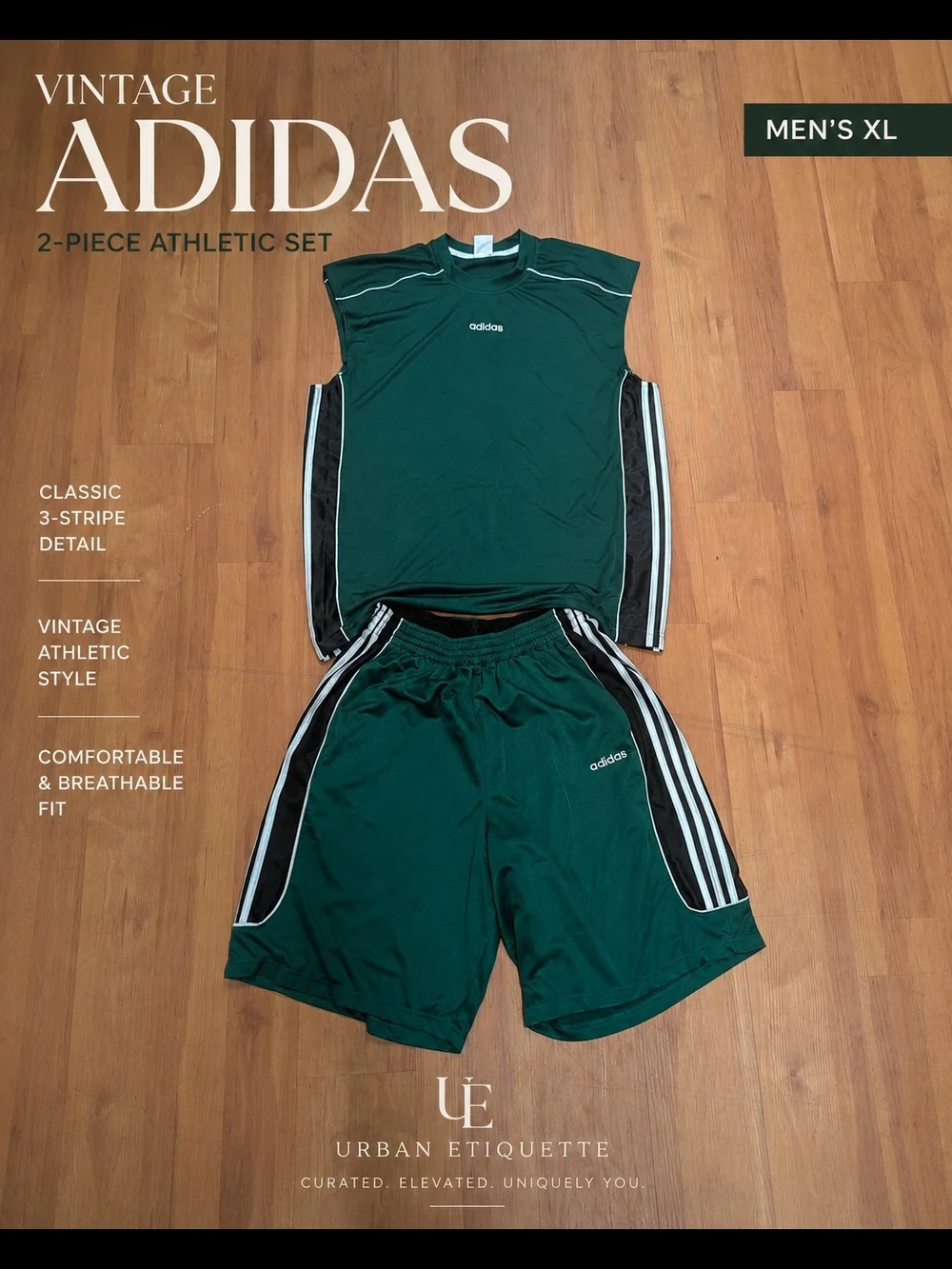 adidas Men’s Dark Green Athletic Shorts with Black & White 3-Stripes